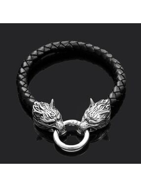 Viking Wolf Head Leather Bracelet 6 inches